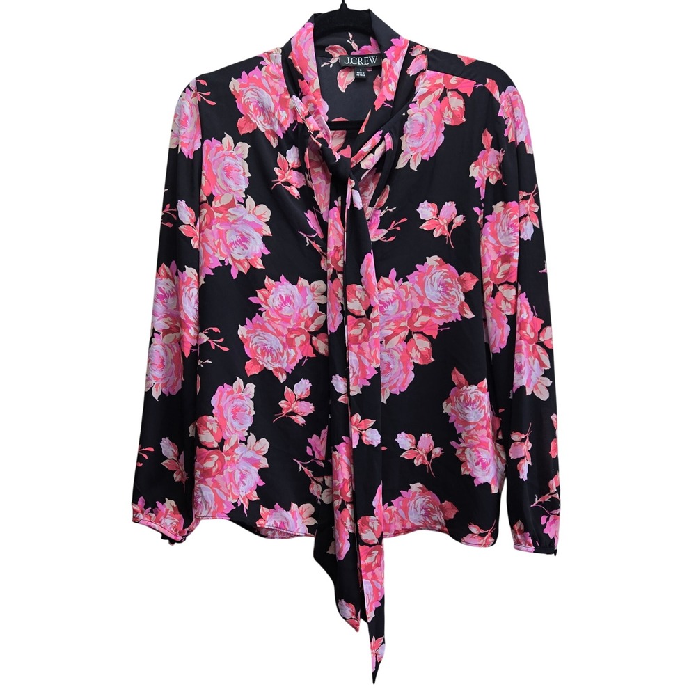 J Crew Floral Tie V Neck Blouse Small Black‎ Pink Roses Career Feminine Romantic